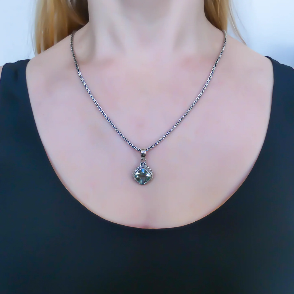 Bali Antique Checkerboard Green Amethyst Pendant - Sterling Silver