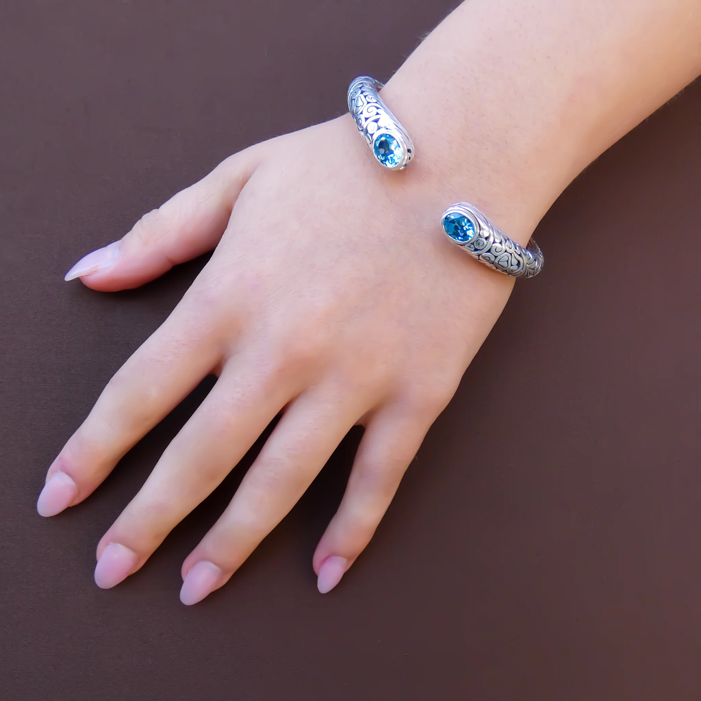 Swiss Blue Topaz Spring Hinged Bracelet - Sterling Silver