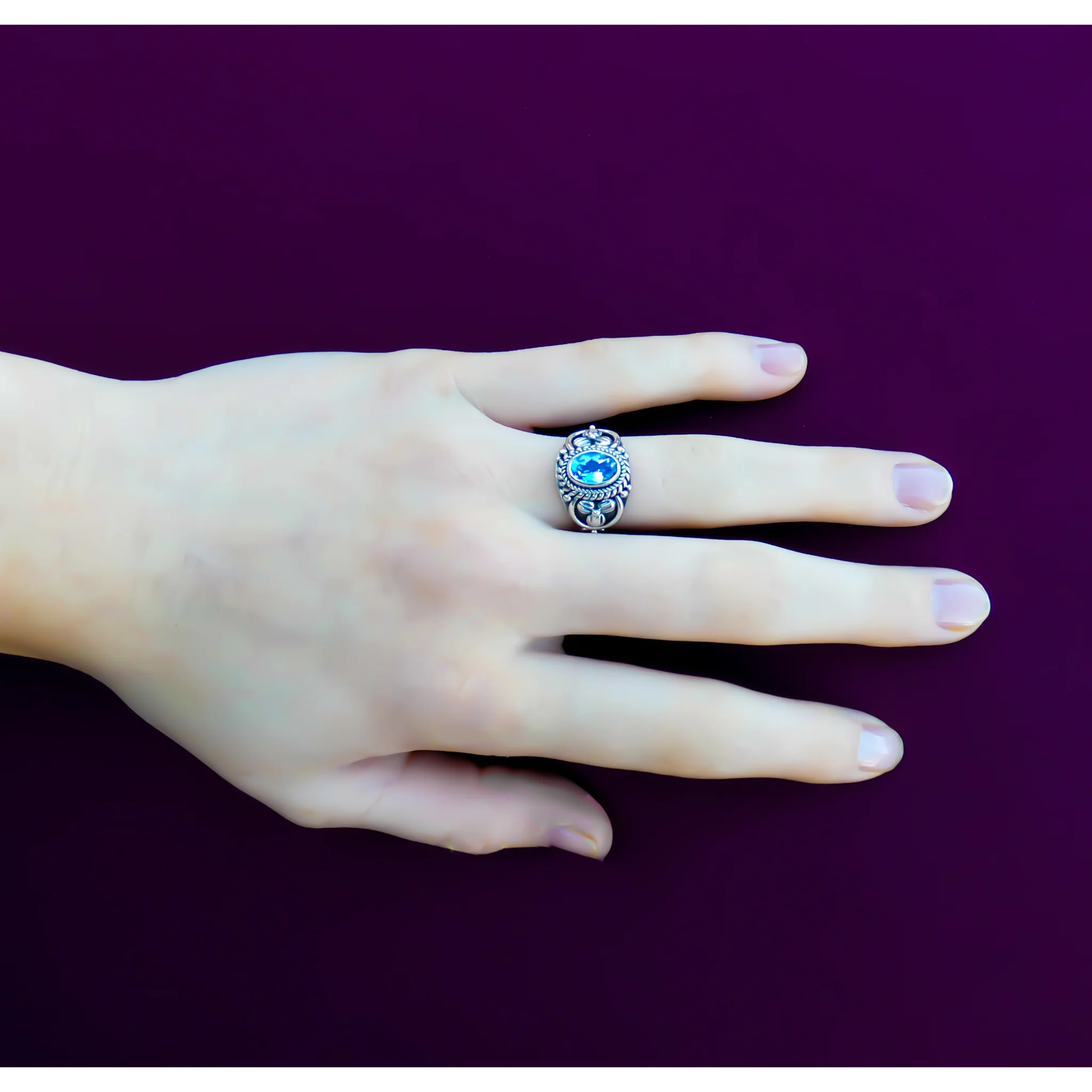 Floral Accented Blue Topaz Ring - Sterling Silver