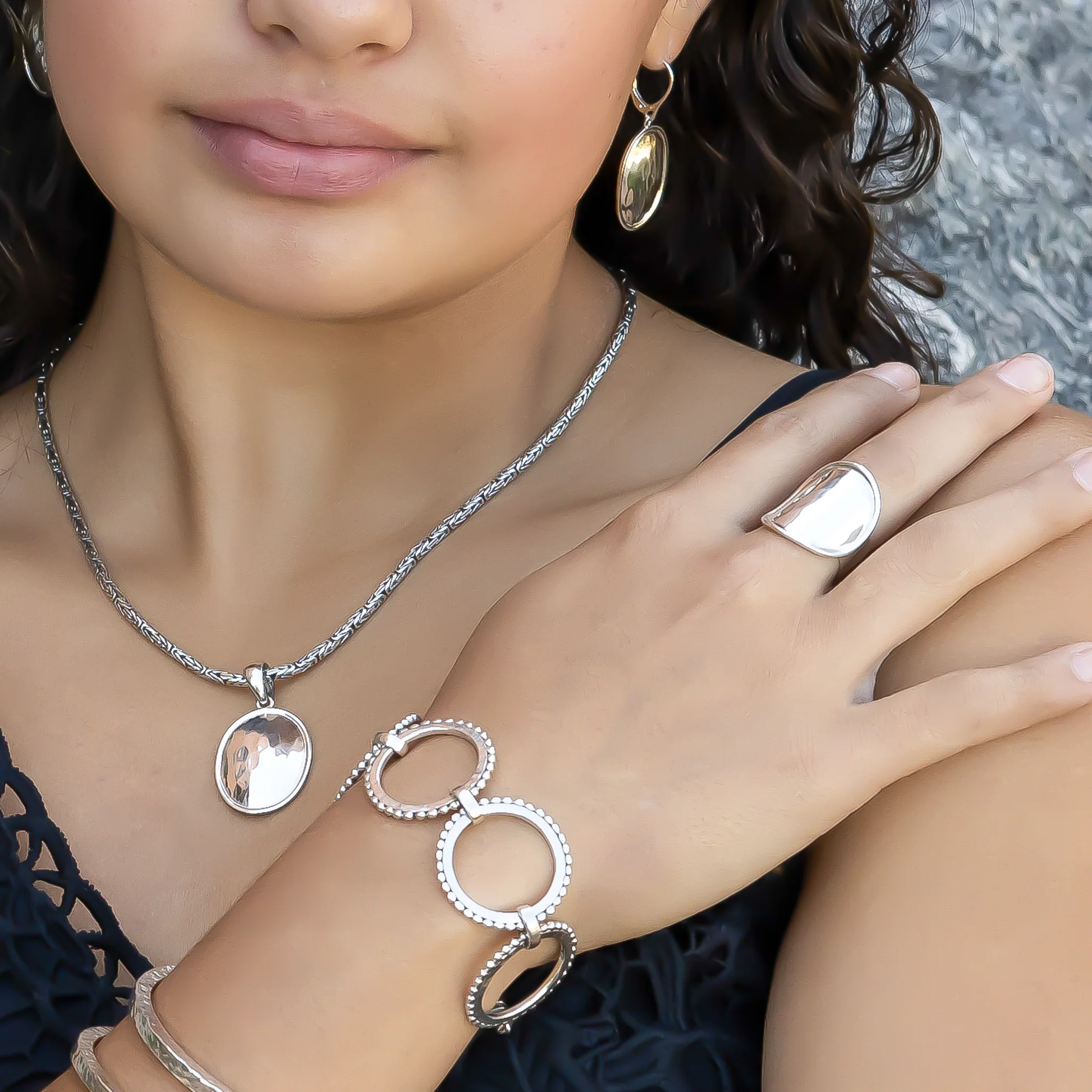Adjustable Ring with Hand Hammered Center - Sterling Silver