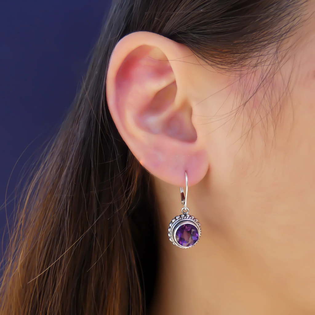 Round Faceted Amethyst Earrings - Sterling Silver