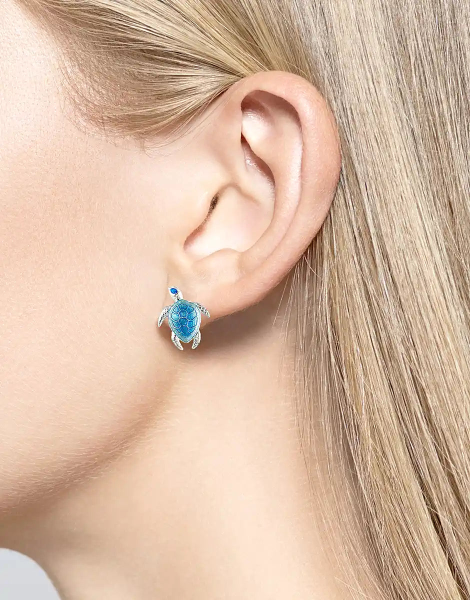 Sterling Silver Hand Painted Enamel Blue Sea Turtle Stud Earrings