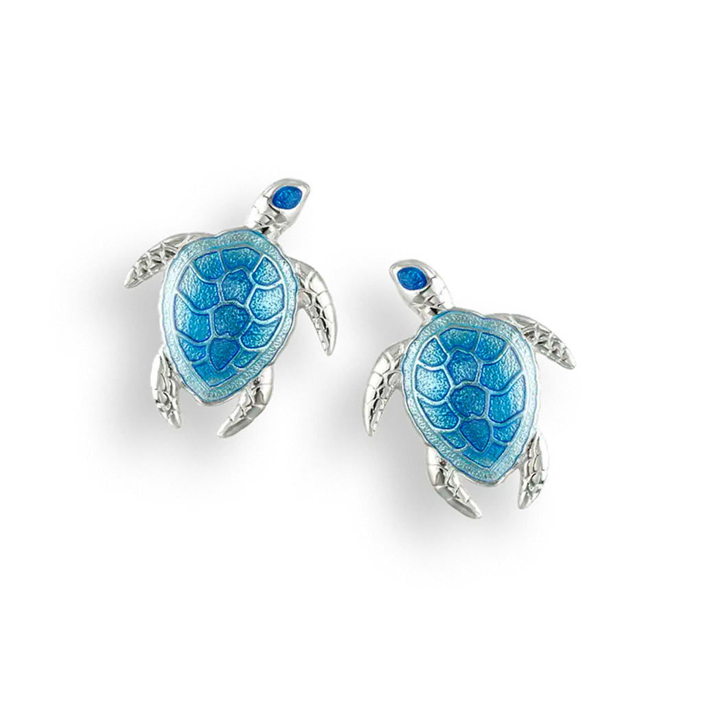Sterling Silver Hand Painted Enamel Blue Sea Turtle Stud Earrings