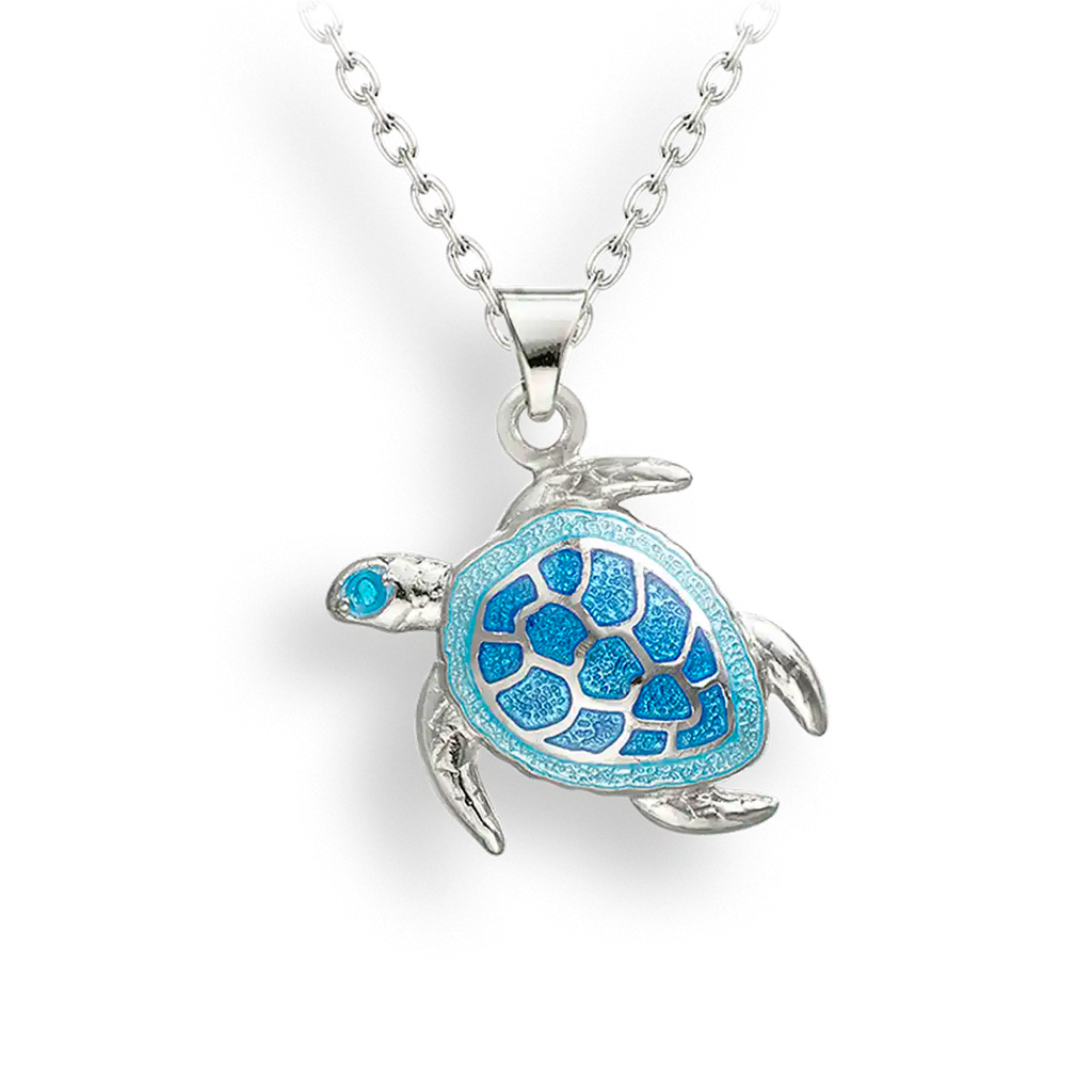 Hand Painted Enamel Blue Sea Turtle Necklace - Sterling Silver