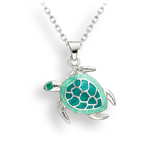 Sterling Silver Hand Painted Enamel Turquoise Sea Turtle Necklace