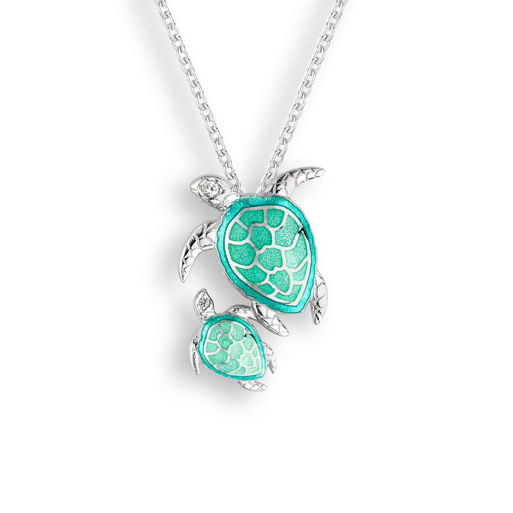 Sterling Silver Hand Painted Enamel Turquoise Pair of Sea Turtles Necklace