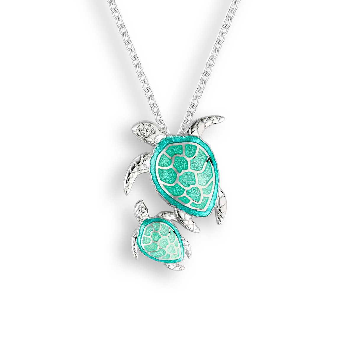 Sterling Silver Hand Painted Enamel Turquoise Pair of Sea Turtles Necklace