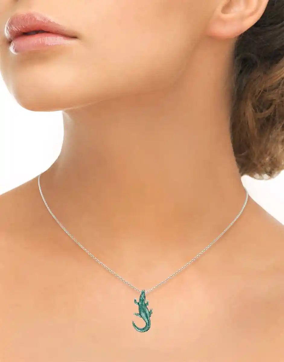 Green Alligator Necklace - Sterling Silver
