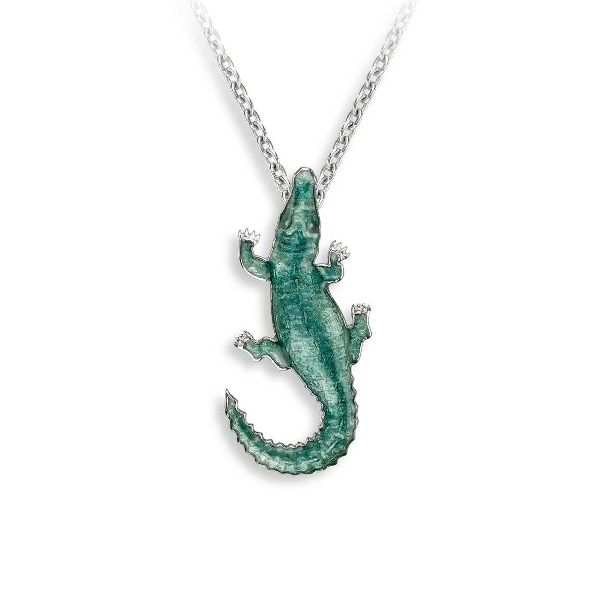 Alligator Necklace with Green Hand Painted Enamel over Sterling Silver