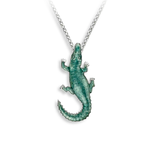 Alligator Necklace with Green Hand Painted Enamel over Sterling Silver