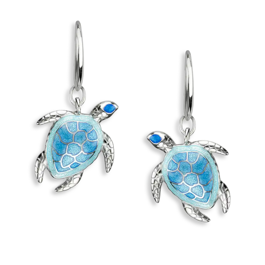 Sterling Silver Hand Painted Enamel Blue Sea Turtle Dangle Earrings
