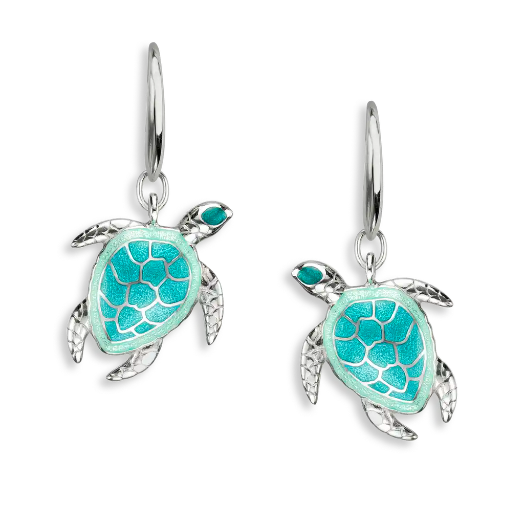 Sterling Silver Hand Painted Enamel Turquoise Sea Turtle Dangle Earrings