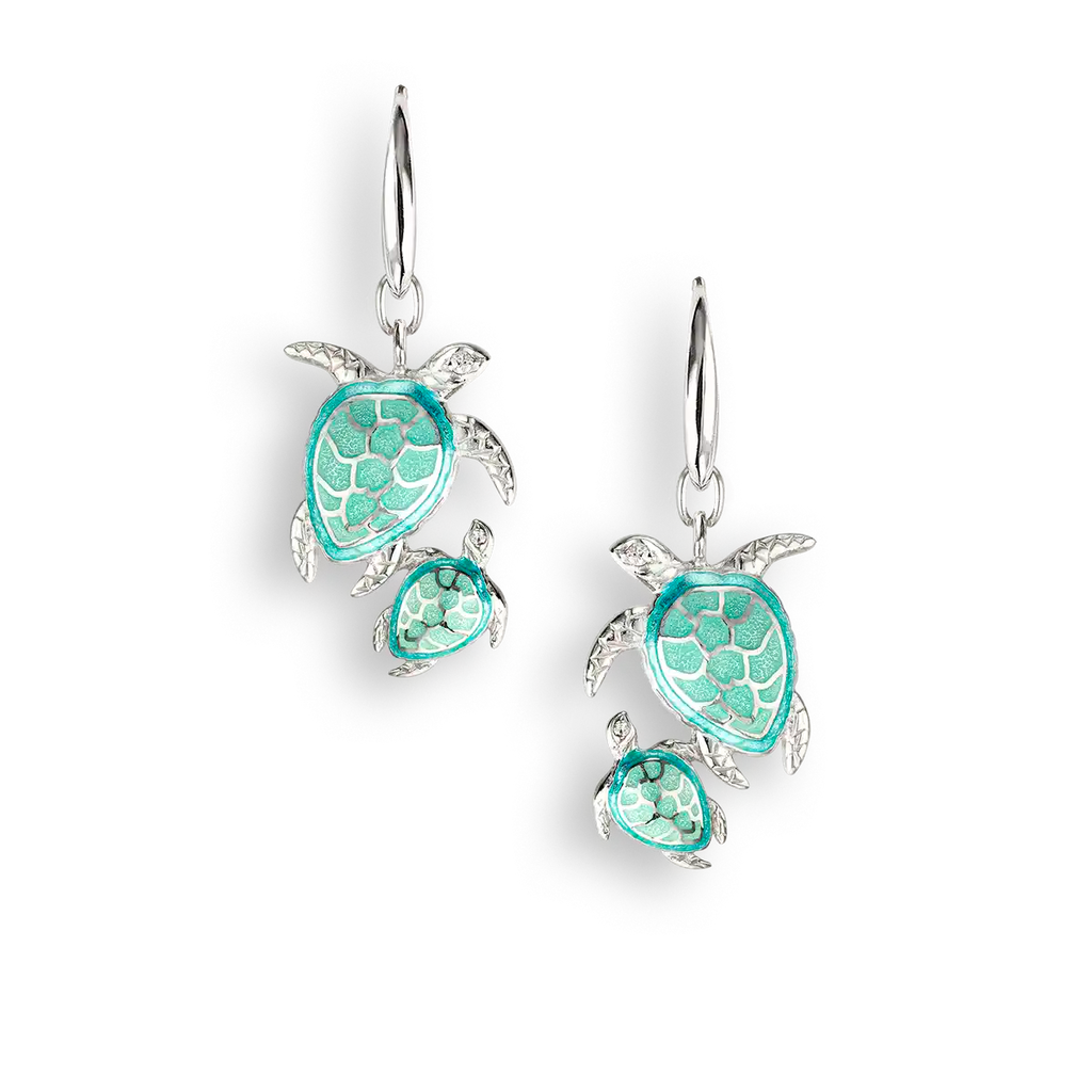 Sterling Silver Hand Painted Enamel Turquoise Pair of Sea Turtle Dangle Earrings