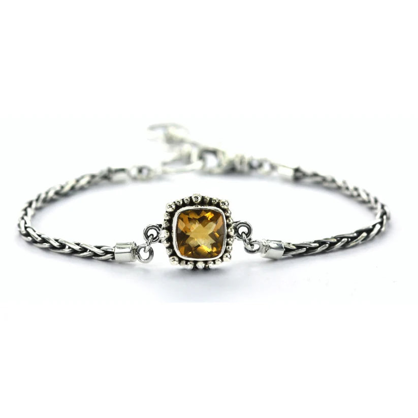 Gemstone Station Bracelet on Wheat Chain - Sterling Silver