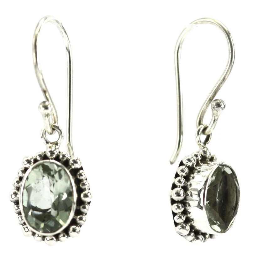 Faceted Gemstone with Beaded Halo Earrings - Sterling Silver