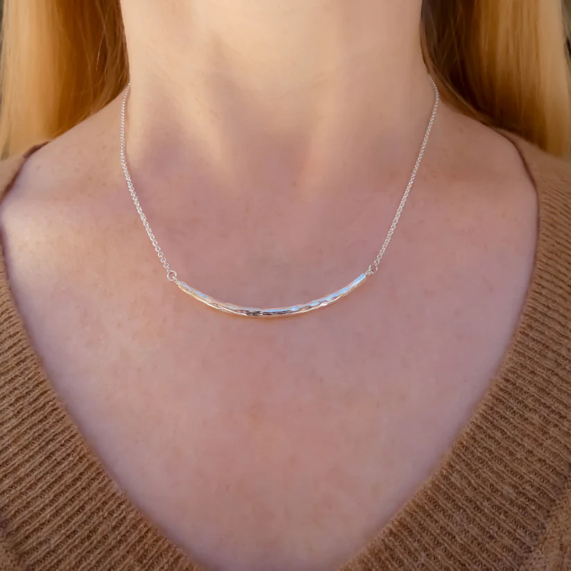Hammered Curved Bar Necklace - Sterling Silver