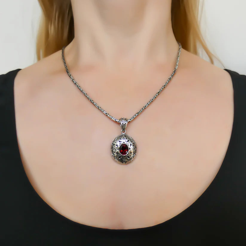 Carved Pendant with Gemstone - Sterling Silver
