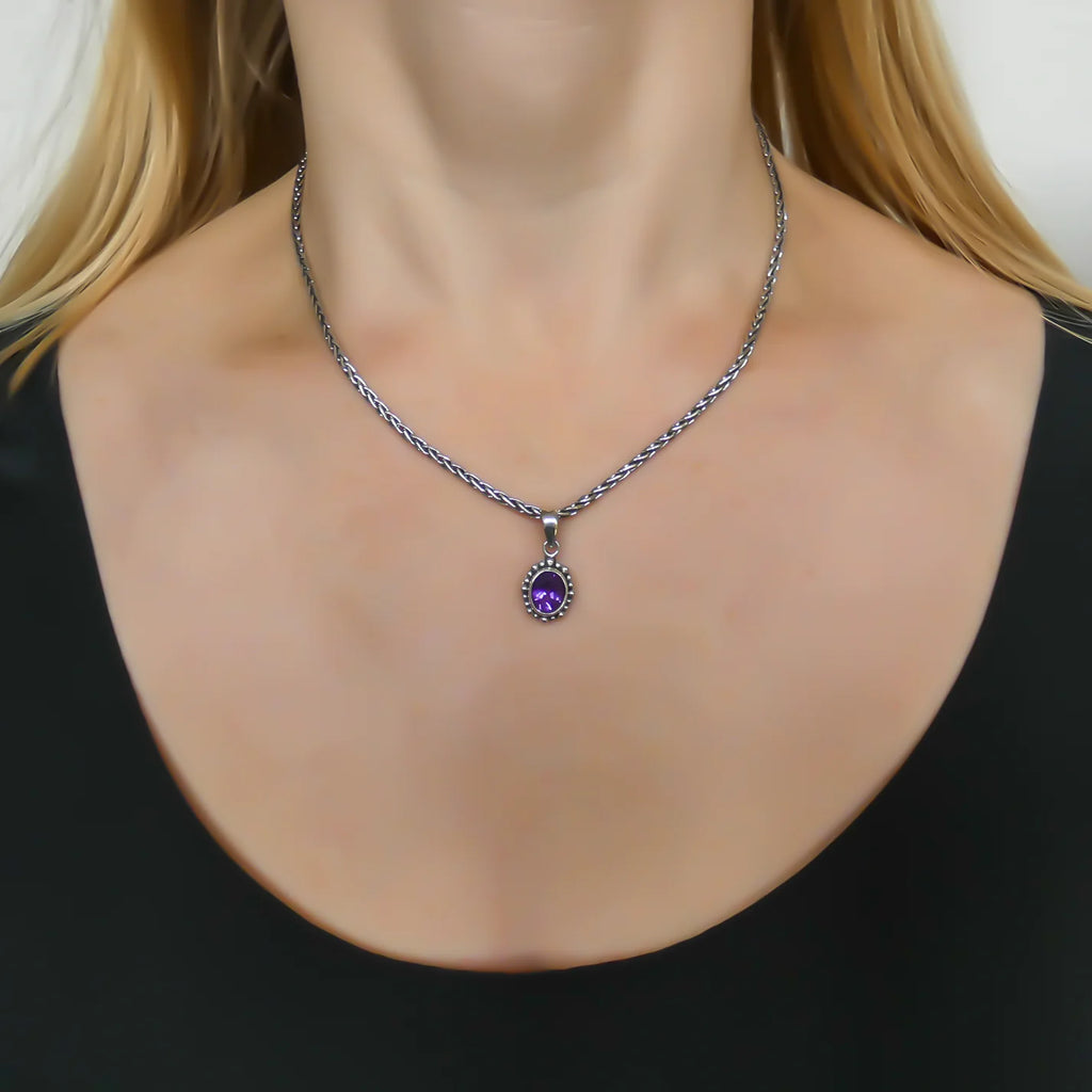 Oval Amethyst Beaded Pendant - Sterling Silver