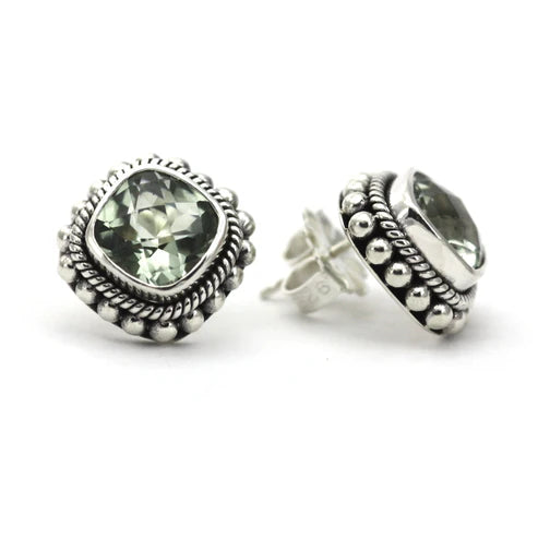 Bali Post Earrings with Sqaure Gemstones - Sterling Silver