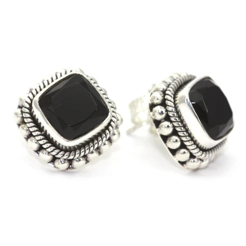 Bali Post Earrings with Sqaure Gemstones - Sterling Silver