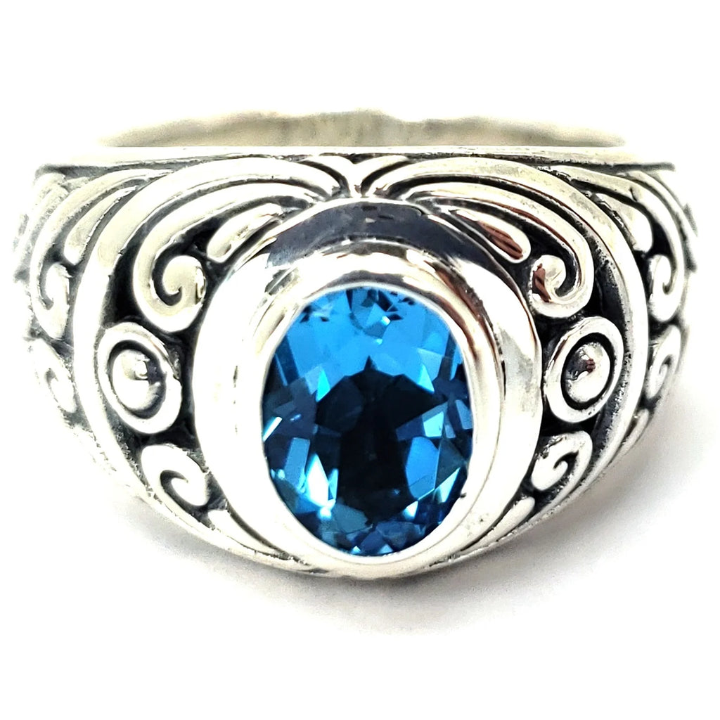 Carved Bali Gemstone Ring - Sterling Silver