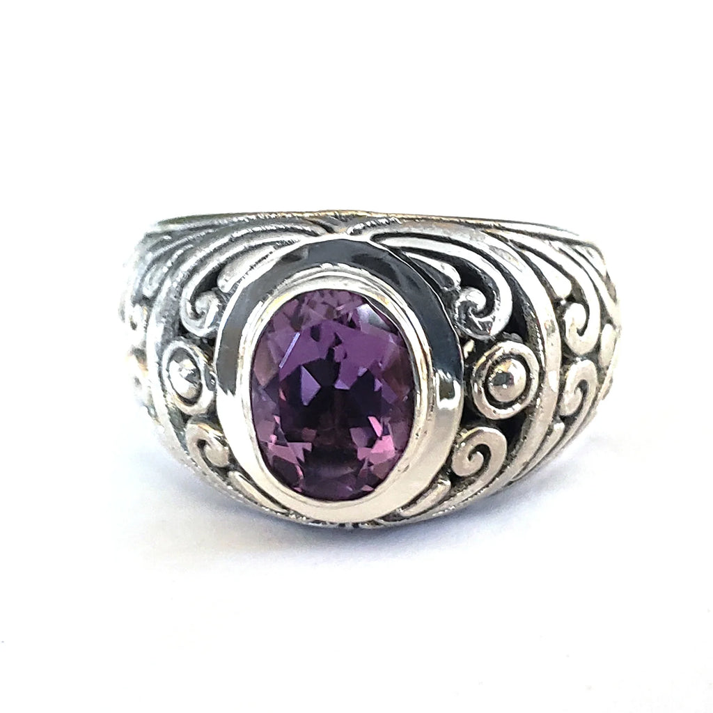 Carved Bali Gemstone Ring - Sterling Silver