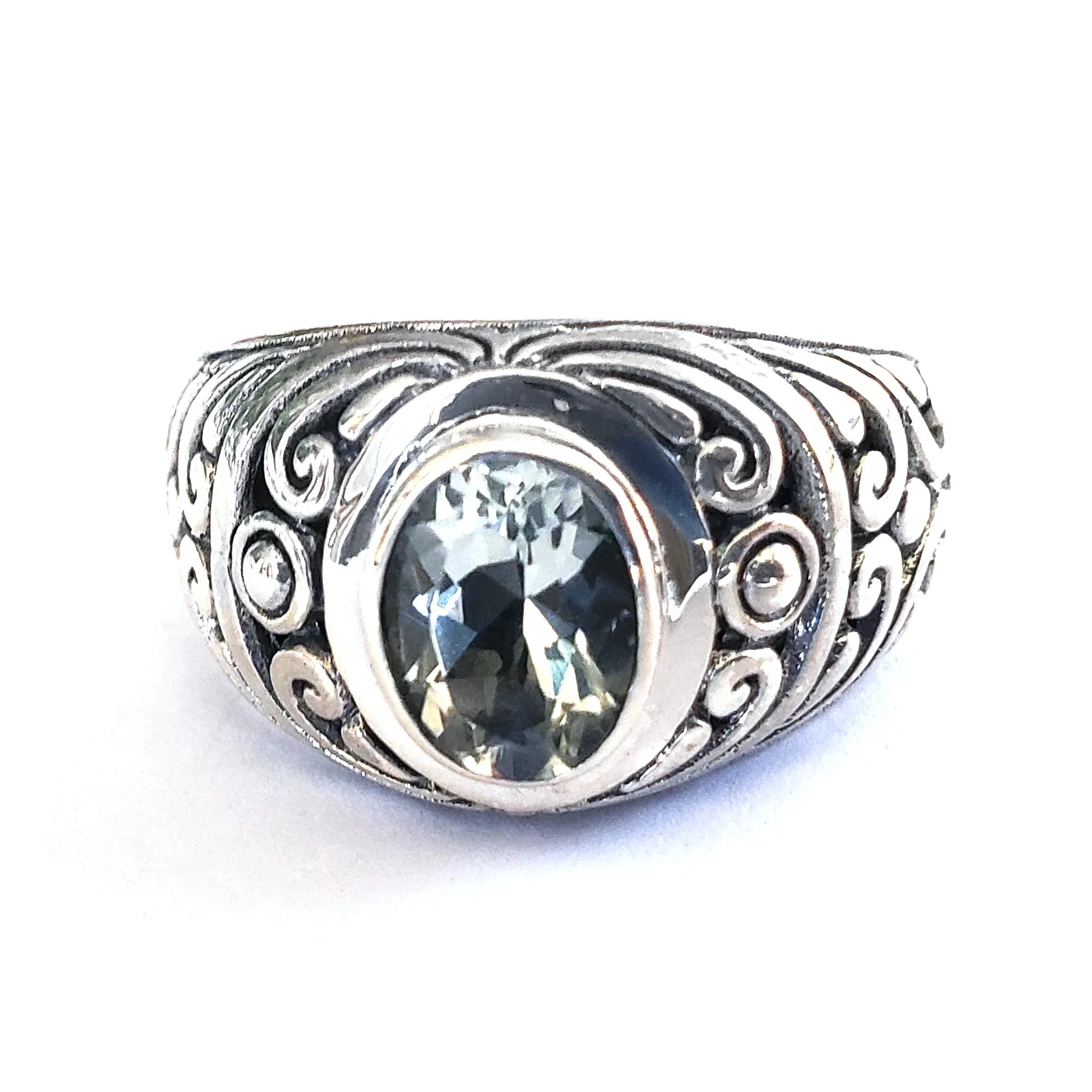 Carved Bali Gemstone Ring - Sterling Silver