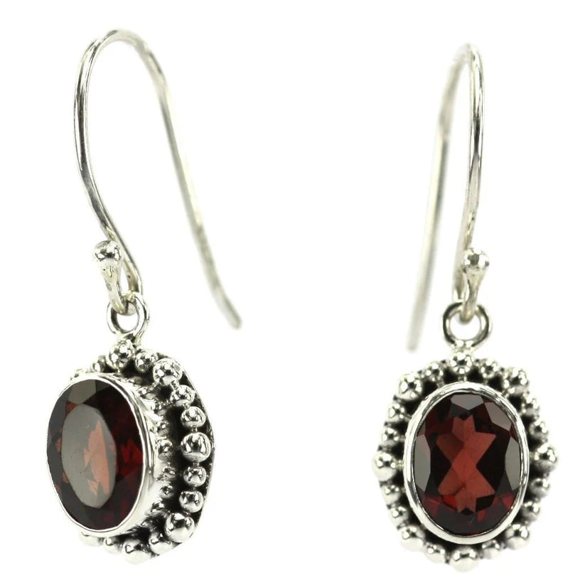 Faceted Gemstone with Beaded Halo Earrings - Sterling Silver