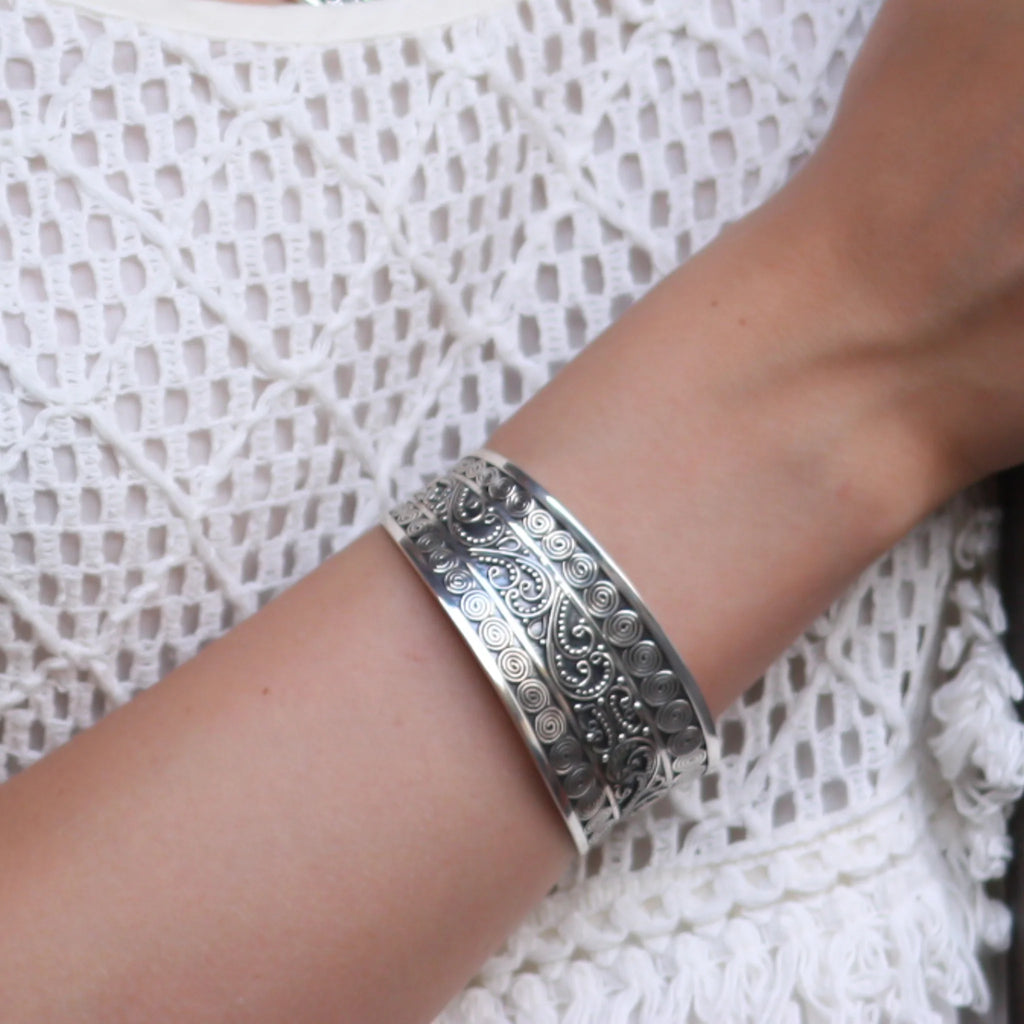 Classic Bali Ornate Cuff Bracelet - Sterling Silver