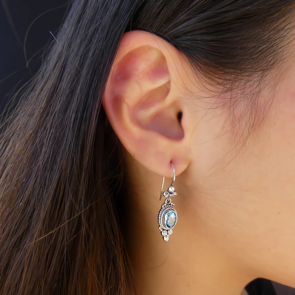 Earrings with Faceted Swiss Blue Topaz Gemstones - Sterling Silver