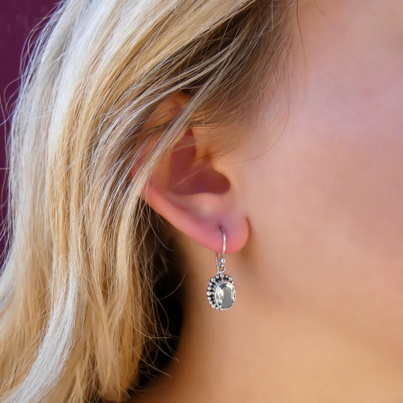 Faceted Gemstone with Beaded Halo Earrings - Sterling Silver