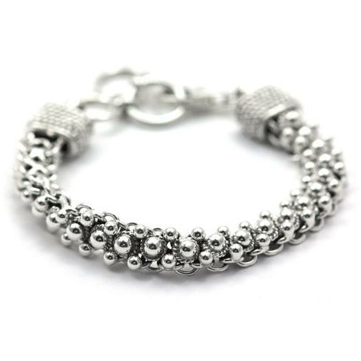 Beaded Link Bracelet with Hand Granulated End Caps - Sterling Silver