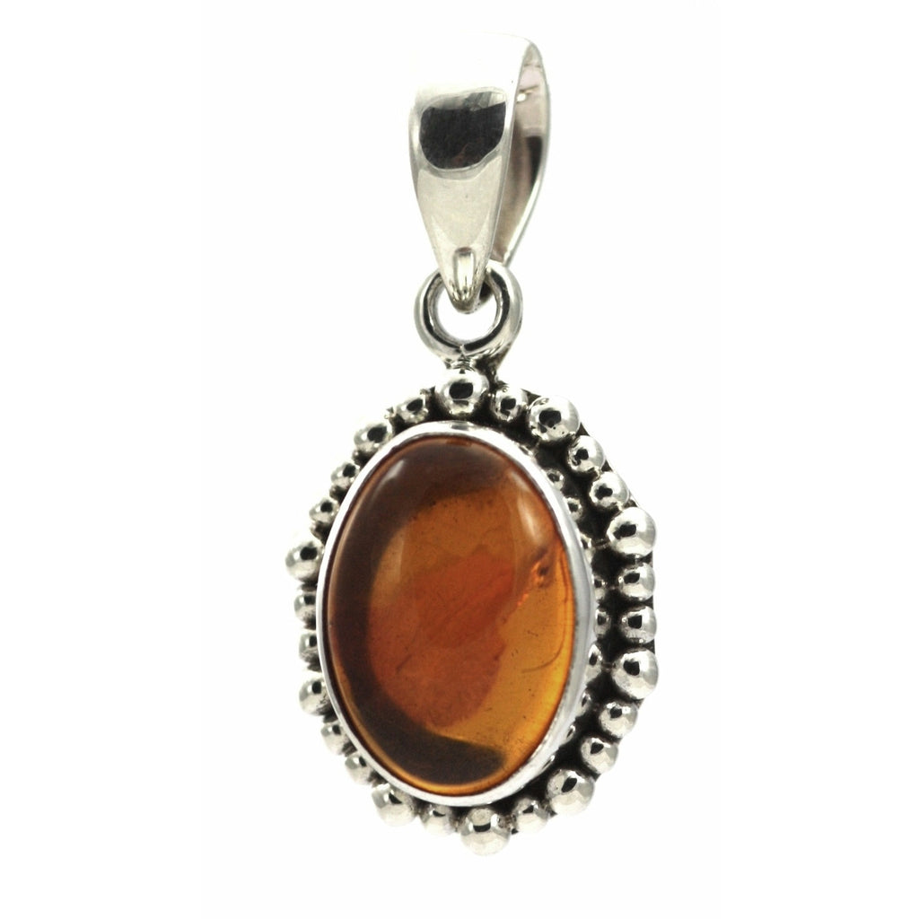 Oval Amber Beaded Pendant - Sterling Silver