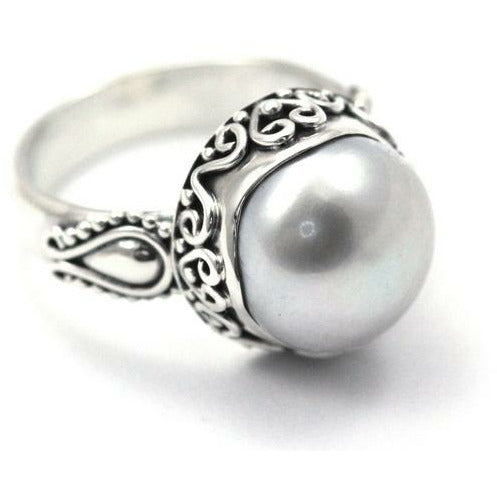 Round Pearl and Filigree Adornment Ring - Sterling Silver