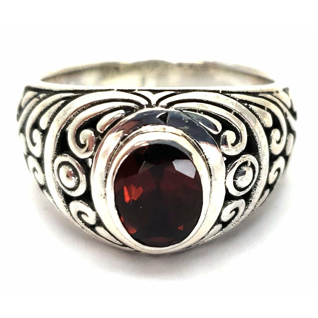 Carved Bali Ring with Garnet - Sterling Silver