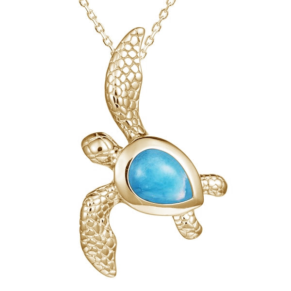 Larimar Turtle Pendant - 14k Yellow Gold