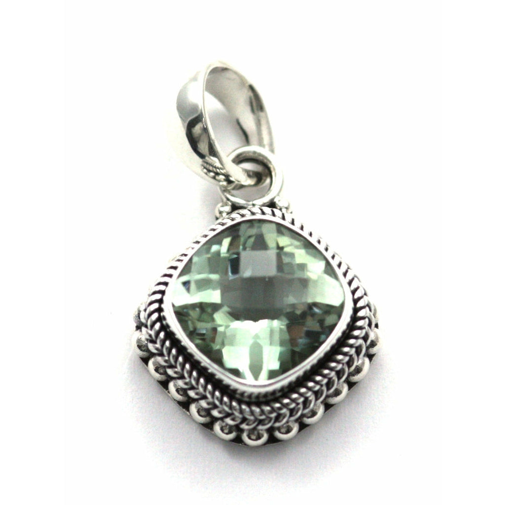 Bali Antique Checkerboard Green Amethyst Pendant - Sterling Silver
