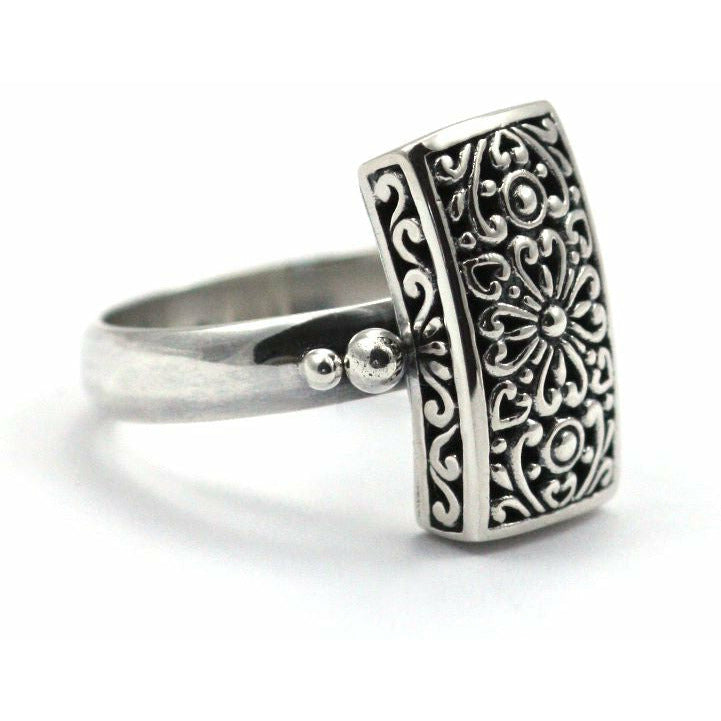 Rectangular Ring with Floral Design - Sterling Silver