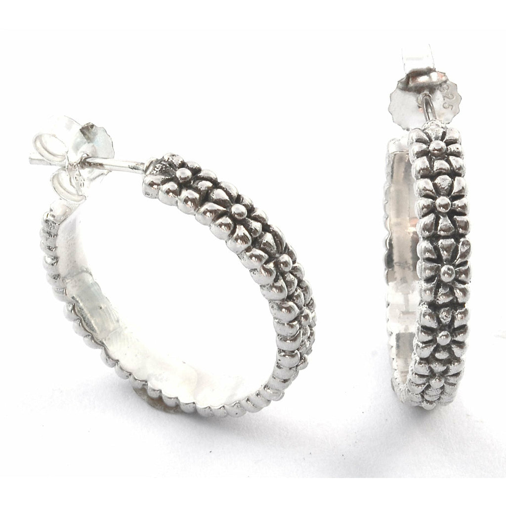 Flower Design Hoop Earrings - Sterling Silver