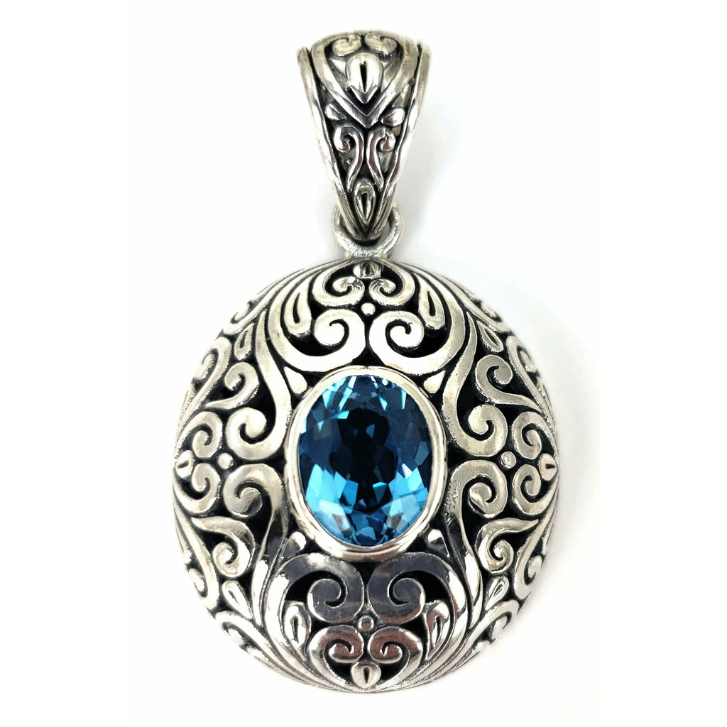 Carved Pendant with Swiss Blue Topaz - Sterling Silver