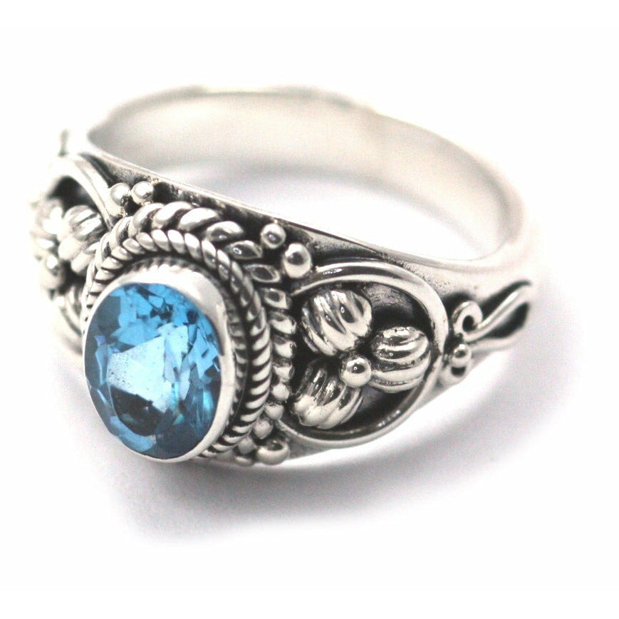 Floral Accented Blue Topaz Ring - Sterling Silver