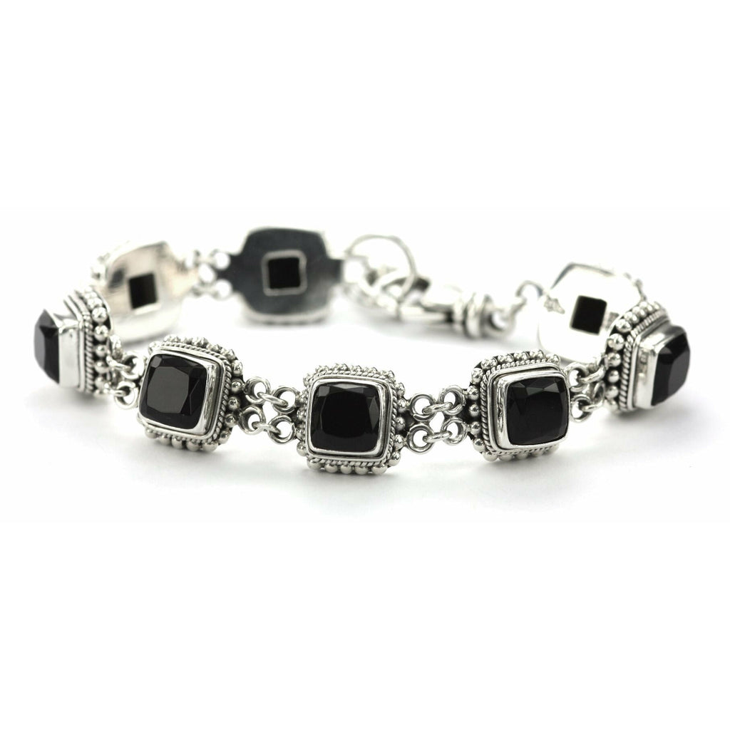 Faceted Black Onyx Station Bracelet - Sterling Silver