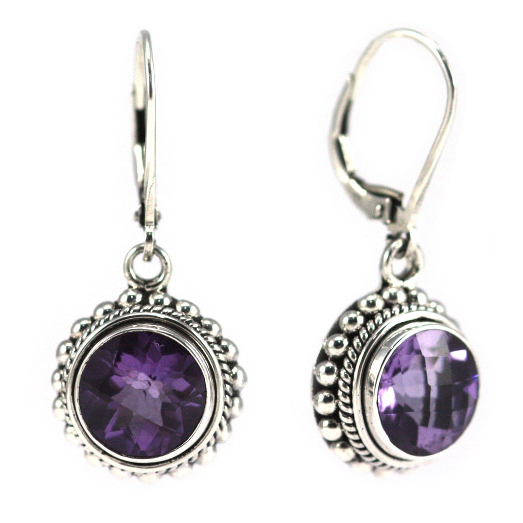 Round Faceted Amethyst Earrings - Sterling Silver