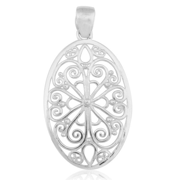 Oval Flower Filigree Pendant - Sterling Silver