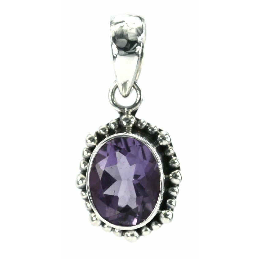 Oval Amethyst Beaded Pendant - Sterling Silver