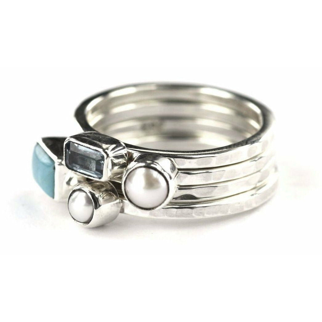 Stack Ring Set with Turquoise, Pearls, and a Sky Blue Topaz