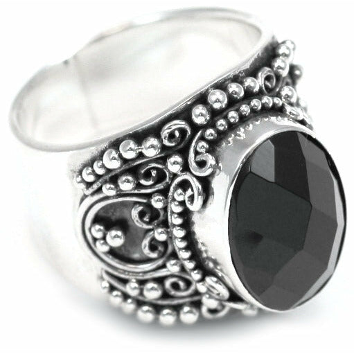 Faceted Black Onyx Ring - Sterling Silver
