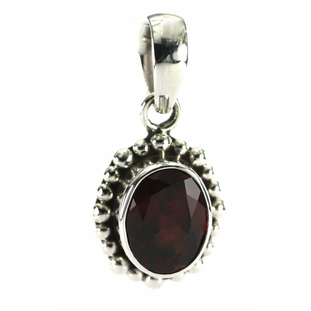 Bali Oval Garnet Beaded Pendant - Sterling Silver
